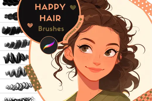 FREE Procreate Brushes: Happy Hair, Ultimate Hair Studio, 31 Brushes for Anime, Realistic, and Stylized Hair Illustration — Procreate brush