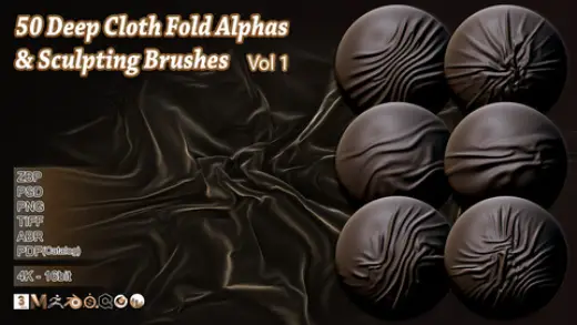 50 Deep Cloth Fold Alphas & Sculpting Brushes Vol .1 — Photoshop brush