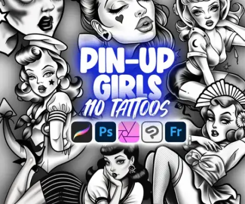 110 Procreate Pin-up Ladies Tattoo Stamps | Photoshop Neo-traditional Pin up Women Tattoo | Clip Studio Paint Girls Face — Procreate, Photoshop, Clip Studio Paint & Krita brush