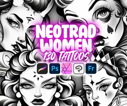 130 Procreate Neotraditional Women Tattoo Stamps | Procreate Neo-traditional Ladies Tattoo | Procreate Woman Face Tattoo — Procreate, Photoshop, Clip Studio Paint & Krita brush