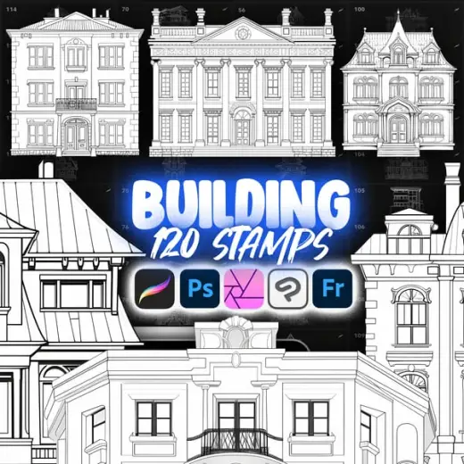 120 Procreate Buildings Sketches Stamp Brushes Collection — Procreate & Photoshop brush