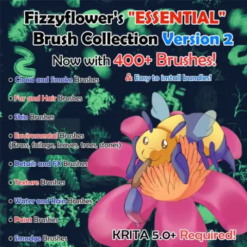 FizzyFlower's "ESSENTIAL" Brushset VERSION 2 ⭐ with 400+ Brushes ((Cloud, Paint, Hair, Fur, FX, Foilage, Trees, Leaves,  — Procreate & Krita brush