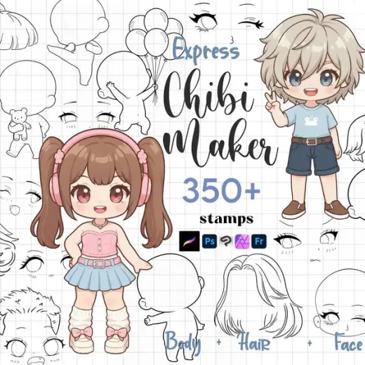 Procreate Chibi Maker Body Guides Cartoon Chibi Base Character Creator Clip Studio Photoshop Krita Brushes — Procreate, Photoshop, Clip Studio Paint & Krita brush