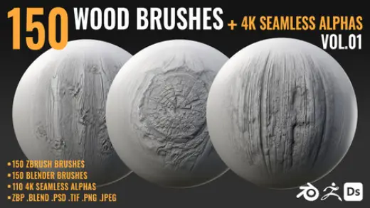 150 WOOD BRUSHES + 4K SEAMLESS ALPHAS - VOL 01 — Photoshop brush