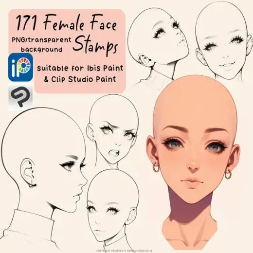 171 Female Face Lineart Stamps for Ibis Paint/ Clip Studio Paint — Clip Studio Paint brush