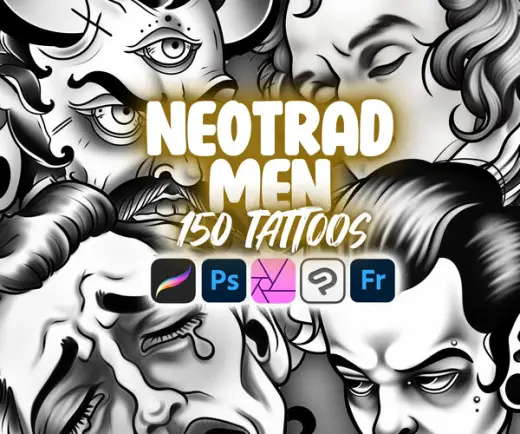 150 Procreate Neotraditional Men Tattoo Stamps | Photoshop Neo-traditional Gentleman Tattoo | Clip Studio Paint Man Face — Procreate, Photoshop, Clip Studio Paint & Krita brush