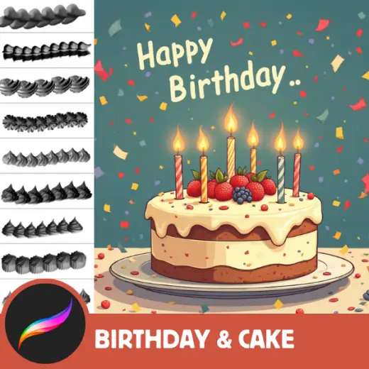 54 Birthday Bash Stamps for Procreate: Cakes, Balloons, Stars & Fun Texts – Celebrate Creatively — Procreate brush