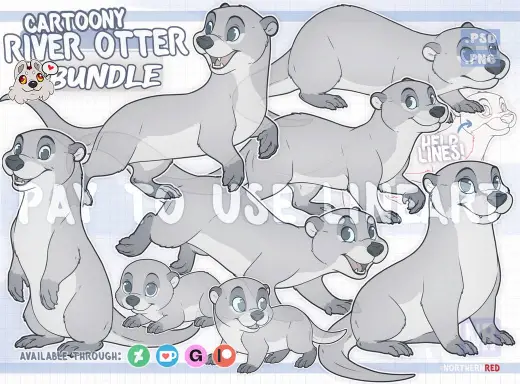 BUNDLE:River Otter linearts x8 (cartoony) — Procreate, Photoshop & Krita brush