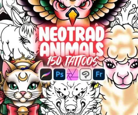 150 Procreate Neo Traditional Animals Tattoo Stamps | Photoshop Neo Traditional Animals Tattoo Stamps | Clip Studio Pain — Procreate, Photoshop, Clip Studio Paint & Krita brush