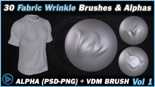 30 High-Quality Fabric Wrinkle Brushes and Alpha (VDM+PNG+PSD) | Vol 1 — Photoshop brush