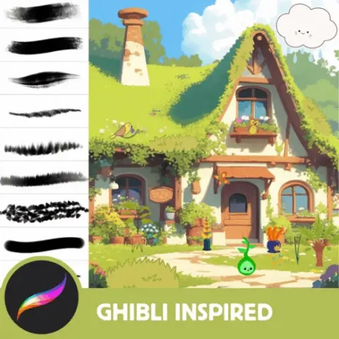 17 FREE Ghibli Inspired Nature Brushes: 203+ Anime Background Brushes in the Full set, Foliage, Flower, Cloud, Grass Bru — Procreate brush