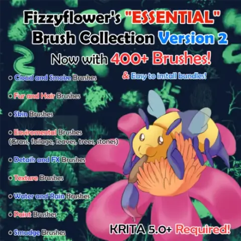 FizzyFlower's "ESSENTIAL" Krita Brushset VERSION 2 with 400+ Brushes (Cloud, Paint, Hair, Fur, FX, Environment, Texture, — Procreate & Krita brush