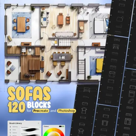 120 Sofa Blocks Stamp Brushes Collection for Procreate and Photoshop — Procreate & Photoshop brush