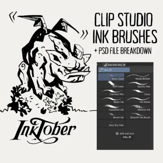 Inking Brushes (Clip Studio Paint) + Inktober PSD Breakdown. — Photoshop & Clip Studio Paint brush