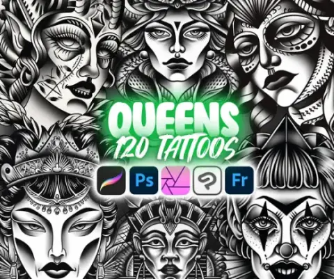 120 Procreate Queens Tattoo Stamps | Photoshop Fantasy Tattoo | Procreate Tattoo Designs | Procreate Women Tattoo | Tatt — Procreate, Photoshop, Clip Studio Paint & Krita brush