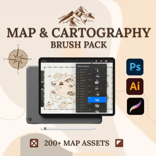 Map and Cartography Pack (Photoshop, Illustrator, Procreate) — Procreate & Photoshop brush