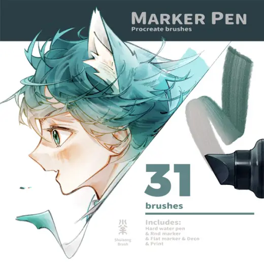 31 Water-Based Marker Brushes for Procreate Complete Workflow Brush Pack Sketch • Line Art • Coloring • Details By Shuis — Procreate brush