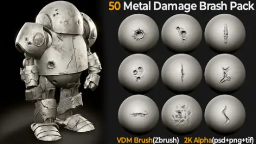 50 Metal Damage Brush Pack (VDM + Alpha) — Photoshop brush