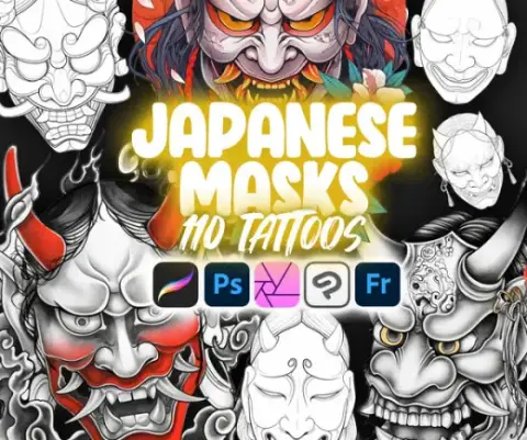 110 Procreate Japanese Masks Tattoo Stamps | Procreate Noh Masks Tattoo Stamps | Procreate Kyōgen Masks Tattoo Stamps |  — Procreate, Photoshop & Krita brush